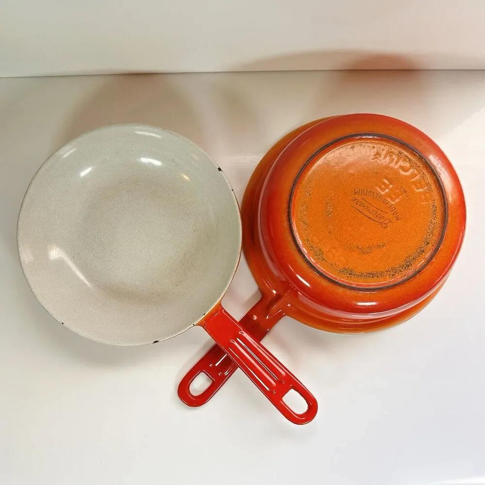 Vintage Descoware Enameled Cast Iron Flame-Orange Saucepan And Skillet-Lid Combo